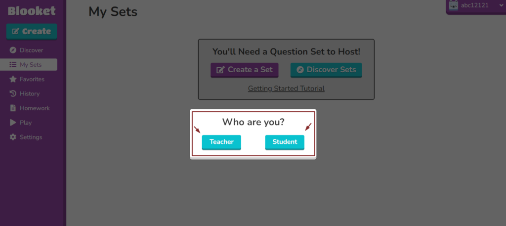 Select teacher or student accordingly to your role